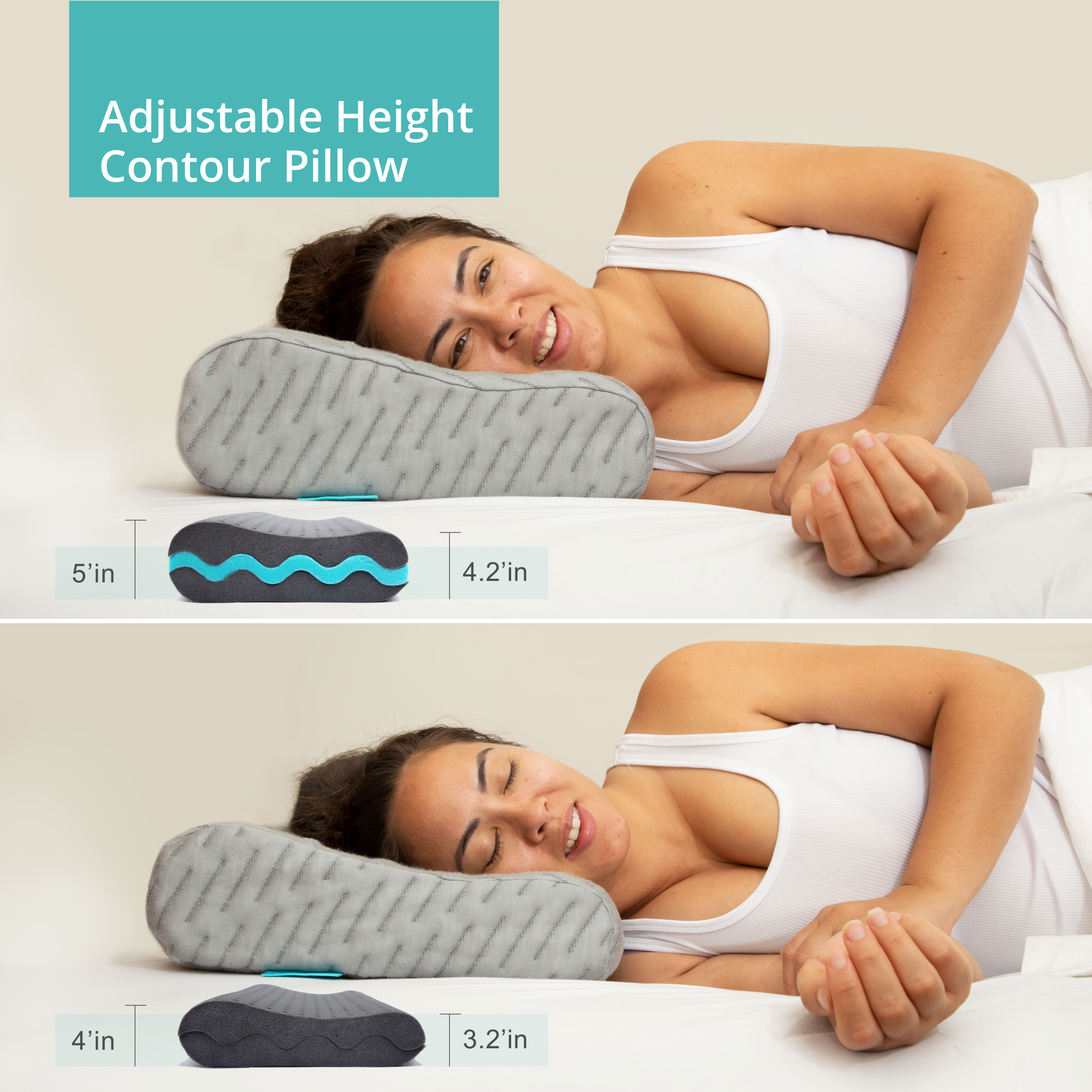Contour Pillow for side sleeping - Adjustable Height with removable layer